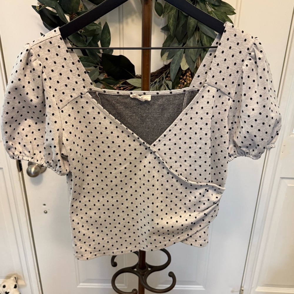 Meraki Polka Dot Faux Wrap Semi Crop Top Shirt w Puffy Short Sleeves XL